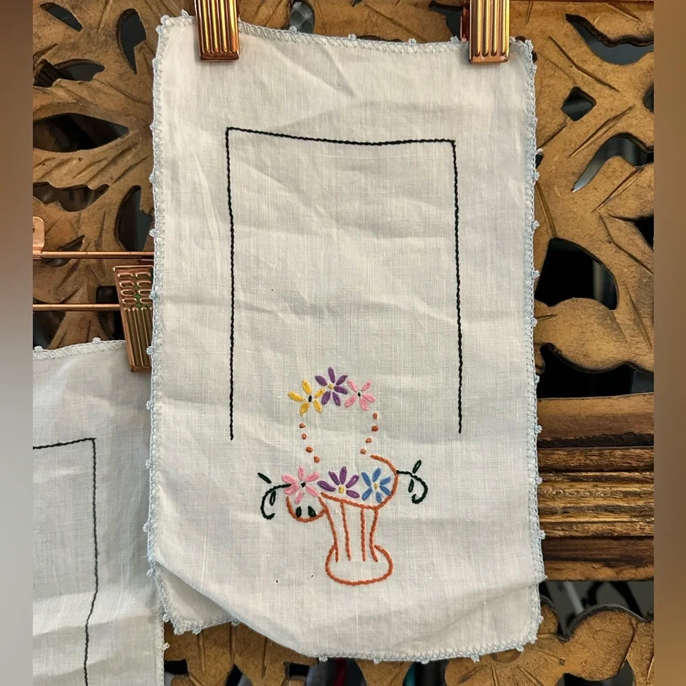 Vintage Pair of His and Hers Handmade Floral Embroidered Crocheted Hand Towels.
